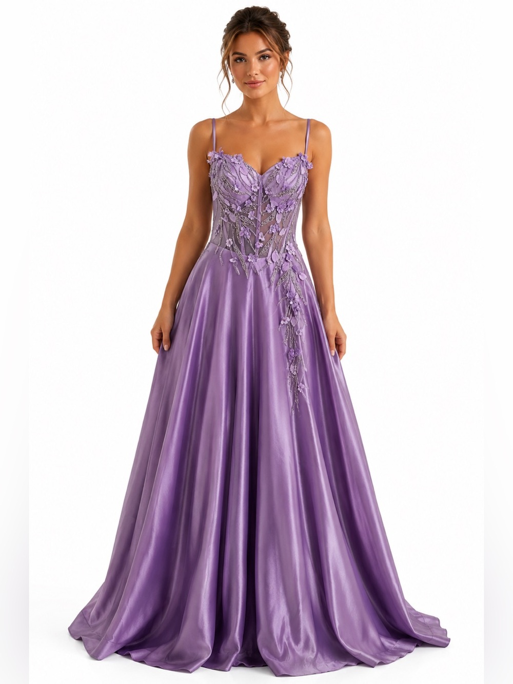 Lavender Lace Appliqué Spaghetti Strap Evening Gown
